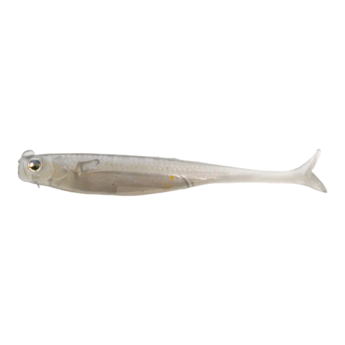 Raid Little Sweeper soft fishing lure in translucent white with detailed eyes and paddle tail, designed for use with fishing tackle to attract fish.