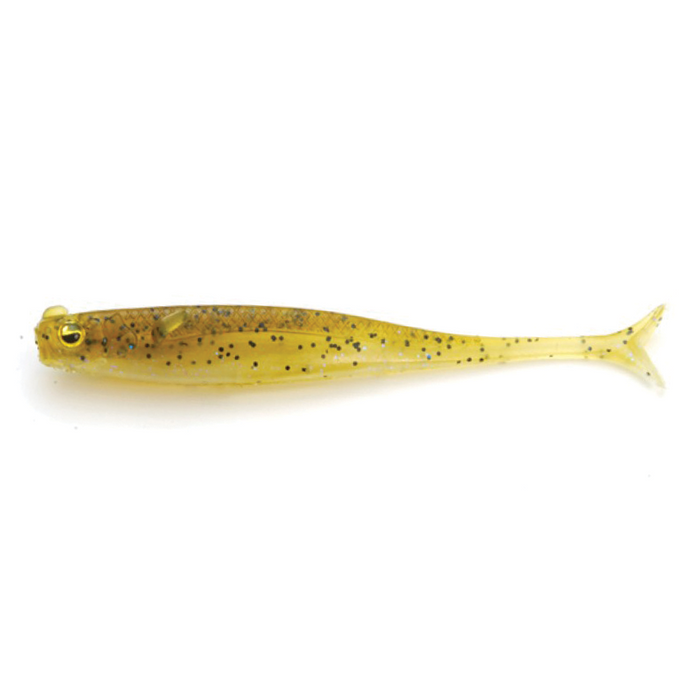 Clear yellow soft plastic fishing lure with black speckles and a paddle tail, designed as the Raid Little Sweeper for effective fishing lure use.