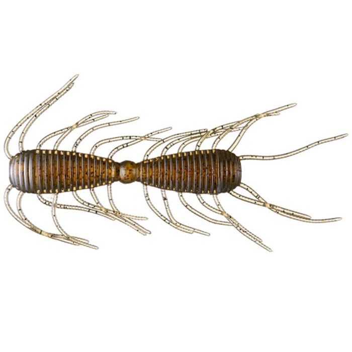 Close-up of the Raid Magnum 2 Way soft fishing lure with segmented brown body and multiple thin, flexible appendages designed to mimic aquatic prey for effective fishing tackle.