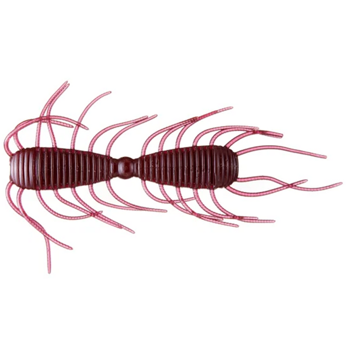 Soft plastic fishing lure in dark reddish color with segmented body and multiple thin appendages, designed for use with Raid Magnum 2 Way fishing tackle.