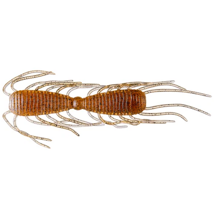 Close-up of a brown, soft plastic fishing lure with segmented body and multiple thin appendages, designed for use in fishing tackle, named Raid Magnum 2 Way.