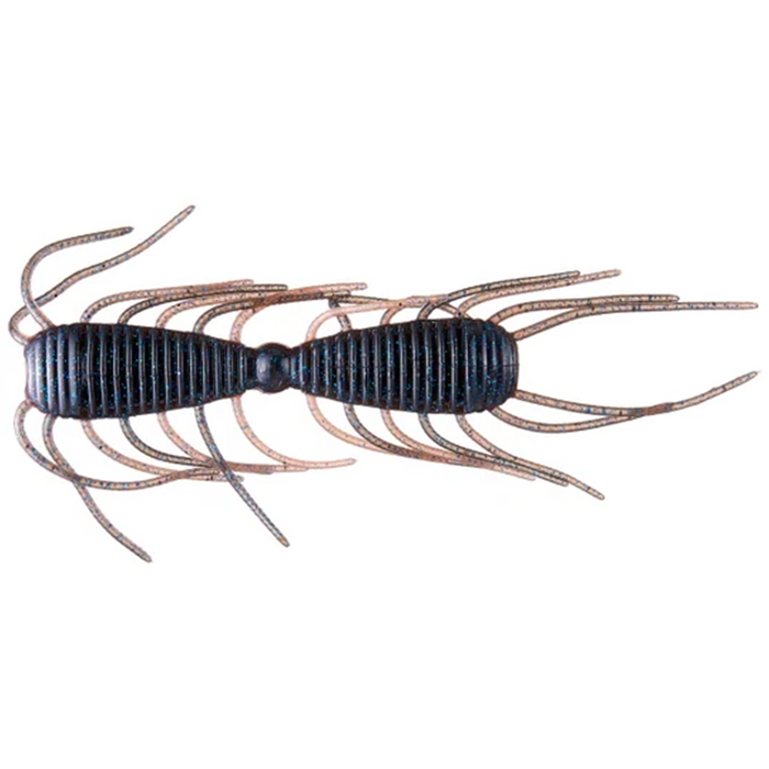 Close-up of a segmented soft plastic fishing lure with multiple flexible appendages in dark and light brown tones, designed to mimic natural prey for use with the Raid Magnum 2 Way fishing tackle.