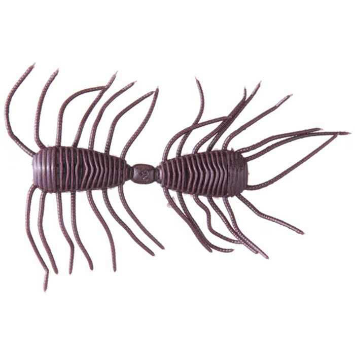 Dark brown segmented soft plastic fishing lure with multiple flexible legs on each side, designed as the Raid Magnum 2 Way for attracting musky and other fish species.