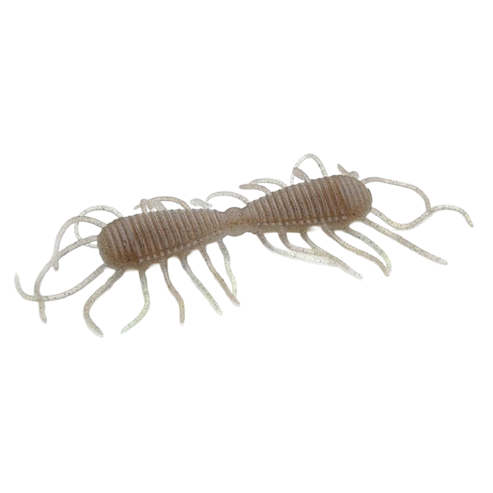 Soft plastic fishing lure with ribbed body and multiple thin appendages in brown color designed for use with Raid Magnum 2 Way fishing tackle.