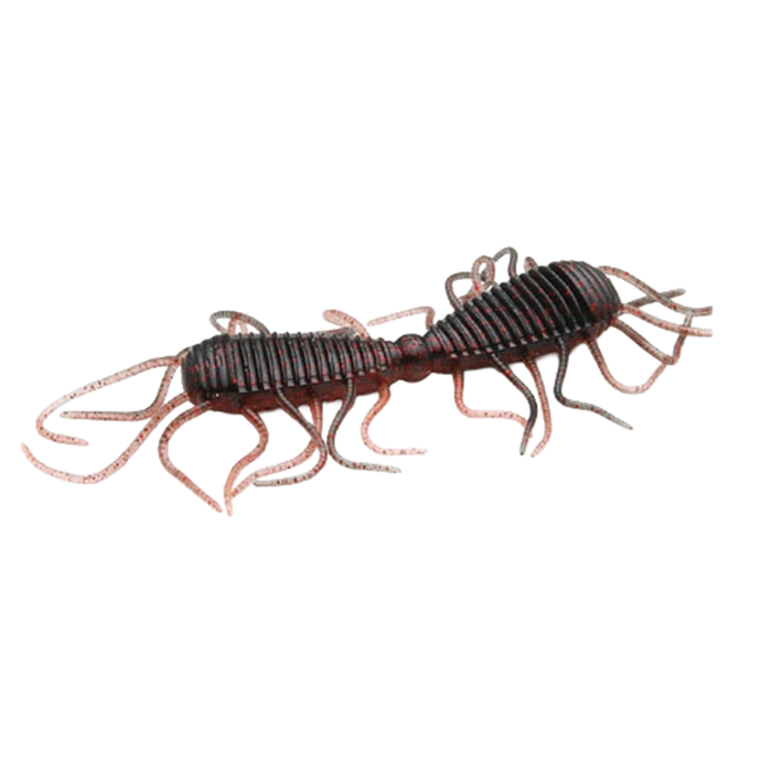 Close-up of Raid Magnum 2 Way soft plastic fishing lure with segmented body and flexible appendages in dark and reddish tones designed for realistic movement in water.