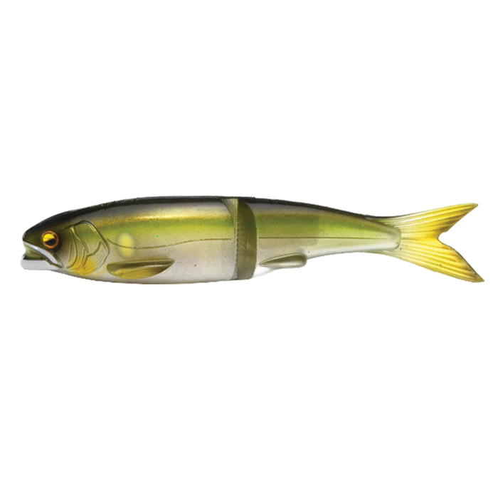 Raid Osakana Slide 170 is a realistic segmented fishing lure with green and yellow coloring, designed to mimic the appearance and movement of a small fish for effective fishing tackle use.
