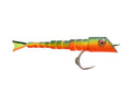 Rainy's BC Mega Minnow 4/0 is a segmented fishing lure with bright orange and yellow-green coloring, designed to mimic a small fish with a single hook for fishing tackle use.