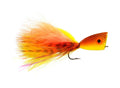Rainy's CB Tandem Popper 4/0 fishing lure with bright orange and yellow feathered tail, detailed popper head designed for musky fishing tackle.