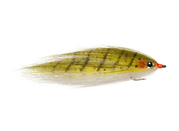 Rainy's CF Baitfish Tandem fishing lure with olive-green and yellow striped body, realistic eye detail, and a sharp hook, designed for musky fishing tackle.