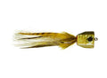 Detailed close-up of Rainy's Cyclops Popper 5/0 fishing lure featuring a gold, reflective popper head and brown feathered tail for musky and fly fishing tackle.