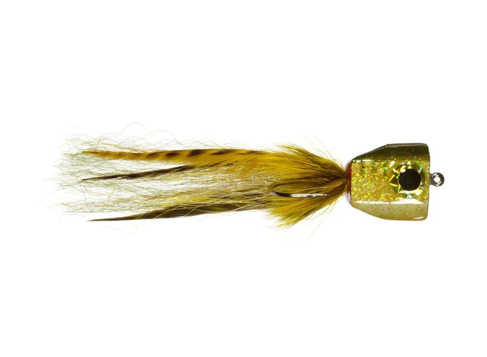 Detailed close-up of Rainy's Cyclops Popper 5/0 fishing lure featuring a gold, reflective popper head and brown feathered tail for musky and fly fishing tackle.
