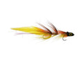 Close-up of Rainy's Dally's Musky Suckaah 2/0 fishing lure featuring yellow and orange feathered body with black head and realistic eye, designed for musky fishing tackle.