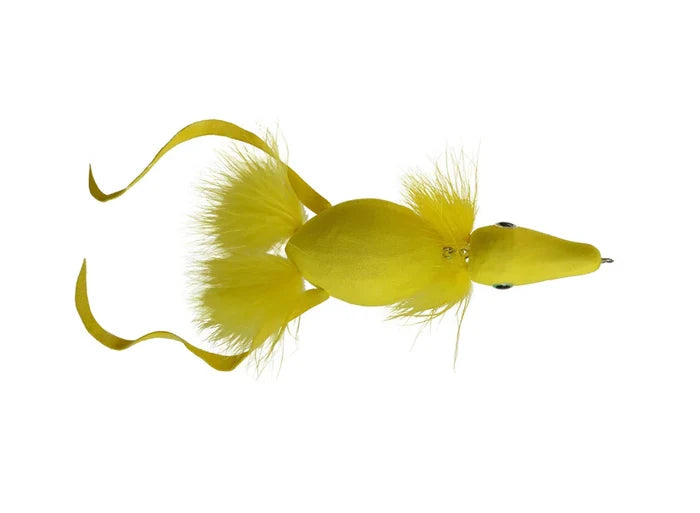 Rainy's Dead Duck fishing lure with bright yellow body, feathered tail, and soft feather accents designed for musky and fly fishing tackle.