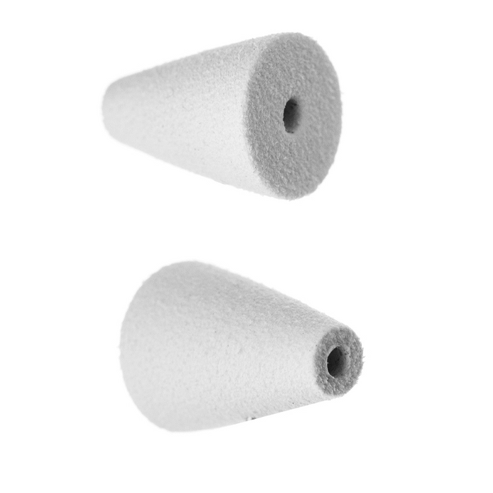 Close-up view of two white foam cone-shaped fishing lure components with hollow centers, designed as part of Rainy's Dinks fishing tackle.