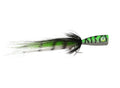 Rainy's J's Predator Popper 3/0 fishing lure with green and black painted body, designed with feathered tail to attract muskies and other predator fish.