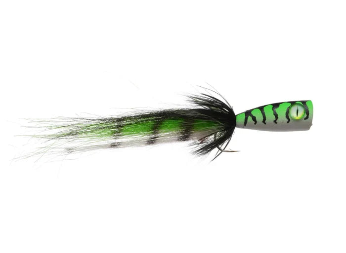 Rainy's J's Predator Popper 3/0 fishing lure with green and black painted body, designed with feathered tail to attract muskies and other predator fish.