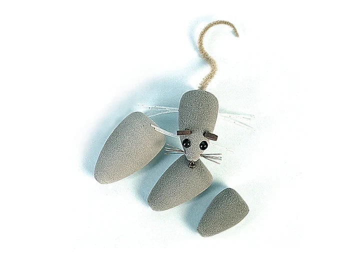 Close-up image of Rainy's Mouse Bodies fishing lure parts in textured gray, featuring a soft segmented body, black eyes, whiskers, and a curled tail designed for realistic musky fishing tackle.