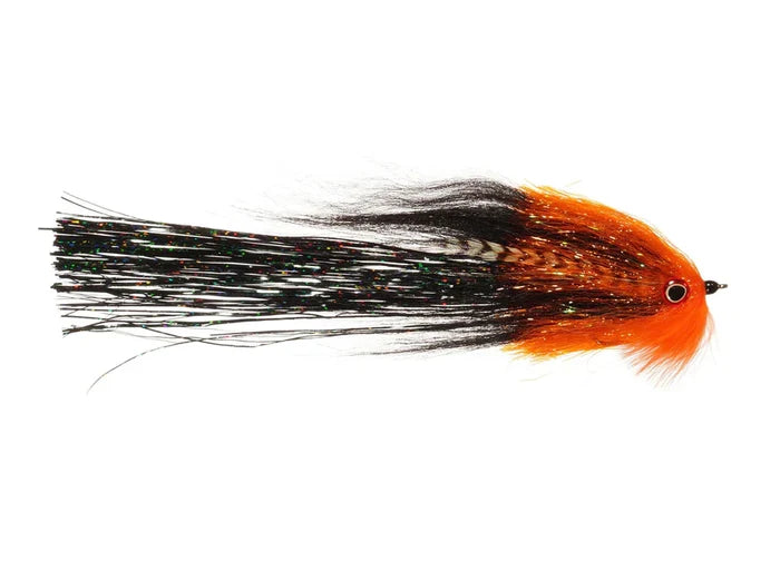 Rainy's Outlaw 3/0 musky fishing lure with a black and orange feathered body and reflective strands, designed for effective fishing tackle use.