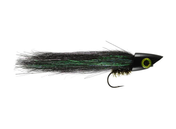 Close-up of Rainy's Pole Dancer fishing lure featuring a black and green feathered body with an eye design near the weighted black head, designed for musky fishing.