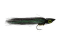 Rainy's Pole Dancer fishing lure features a sleek black head with a prominent yellow eye and a long, iridescent dark green and black feathered body, designed for musky fishing.