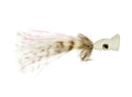 Rainy's PSP Bubble Head 4/0 fishing lure with a white foam head, detailed eye, and a tail made of soft brown and white feathers, designed for effective fishing tackle use.