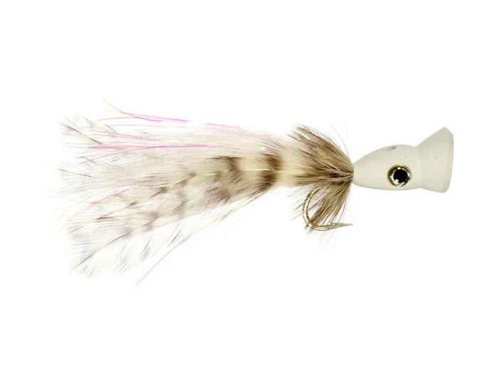 Rainy's PSP Bubble Head 4/0 fishing lure with a white foam head, detailed eye, and a tail made of soft brown and white feathers, designed for effective fishing tackle use.