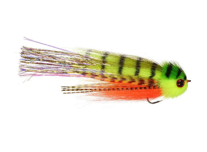 Close-up of Rainy's Truffle Shuffle 2/0, a brightly colored musky fishing lure with green and orange body, black stripes, red eye, and iridescent tail fibers, designed for effective fishing tackle.
