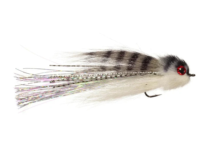 Rainy's Truffle Shuffle 2/0 fly fishing lure featuring realistic segmented fur body, iridescent strands, and red bead eyes designed for musky fishing tackle.