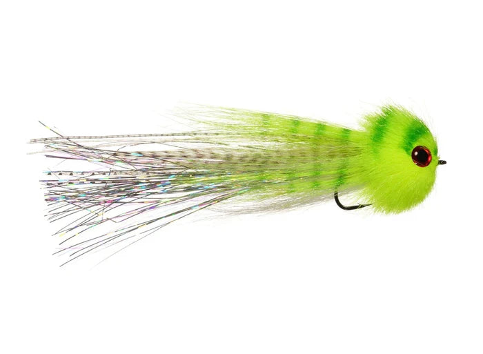 Close-up of a bright green and chartreuse fishing lure with a fluffy head and iridescent fiber tail, designed as Rainy's Truffle Shuffle 2/0 for musky fishing tackle.