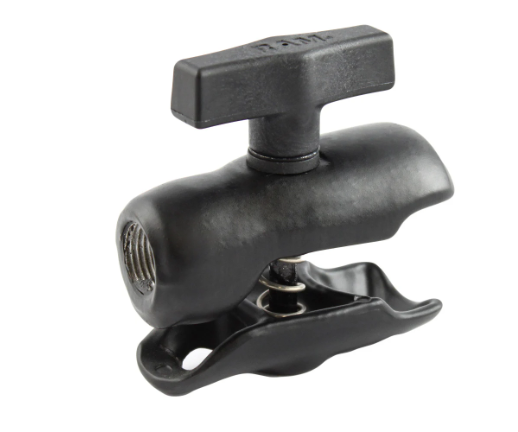 Black metal mounting arm with a threaded hole and tightening knob, designed for secure attachment in fishing tackle setups, RAM® Single Socket Arm with 1/2" NPT Threaded Hole RAM-200-1U.