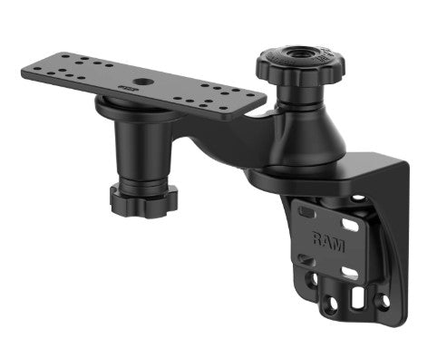 RAM® Vertical 6" Swing Arm Mount for Fishfinders & Plotters PN:RAM-109VU in black, designed for adjustable mounting of marine electronics with multiple attachment points for fishing tackle setups.