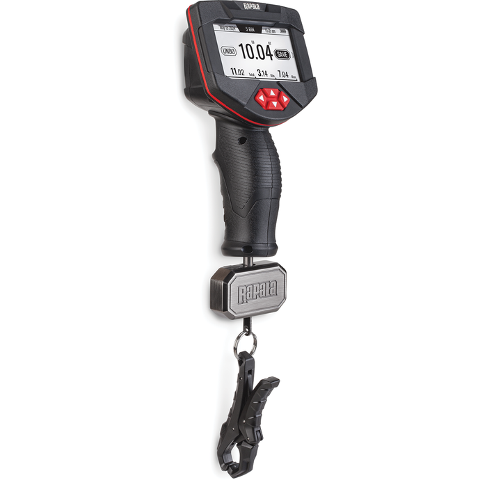 Rapala 20lb. High-Vis Digital Scale with ergonomic black handle, digital display, red navigation buttons, and metal clip for weighing fishing tackle and catches.