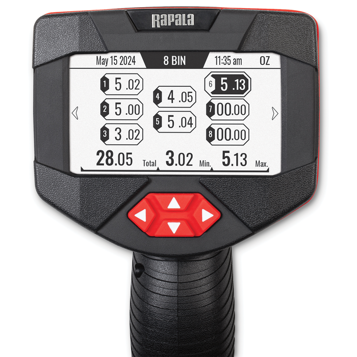 Rapala 20lb. High-Vis Digital Scale with a black and red ergonomic handle, featuring a high-visibility digital display showing weight measurements and control buttons for fishing tackle use.