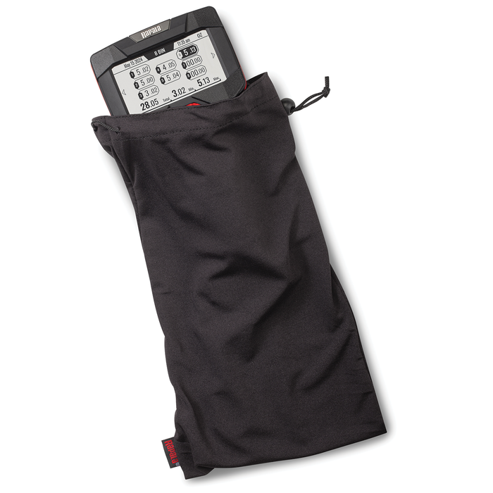 Rapala 20lb. High-Vis Digital Scale partially inside a black drawstring pouch, showing a clear digital display with weight measurements for fishing tackle use.