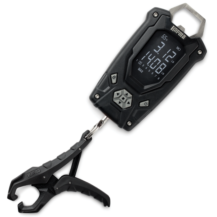 Rapala 50lb. High Contrast Digital Scale with a black rugged body, featuring an easy-to-read digital display and ergonomic fish gripper for weighing fishing catch accurately.