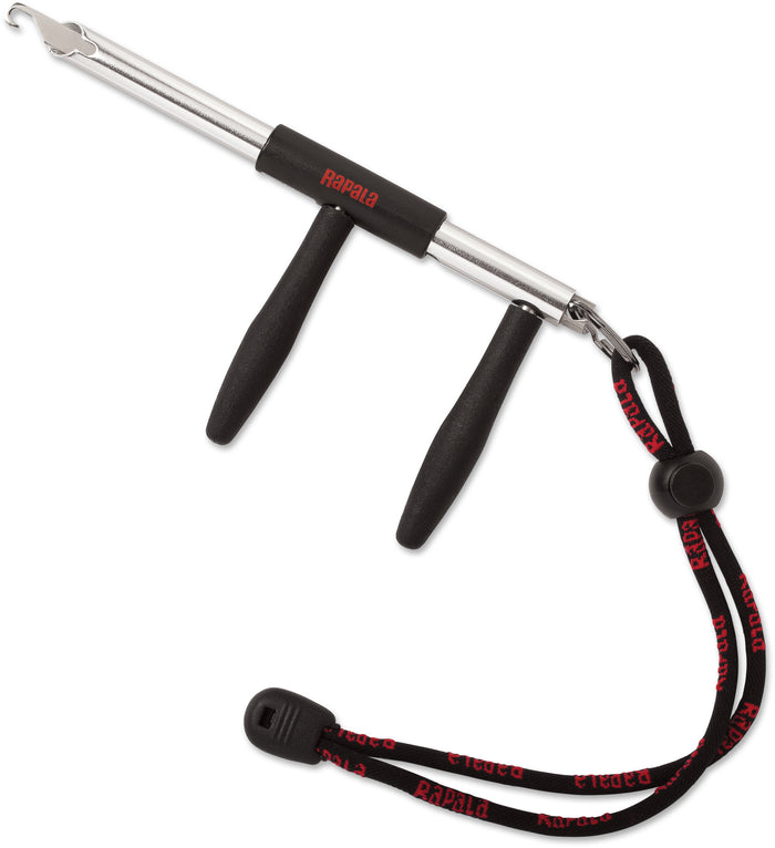 Rapala 6” Mini Hook Remover with stainless steel shaft, dual black ergonomic handles, and a branded black and red wrist lanyard for secure grip during fishing tackle use.