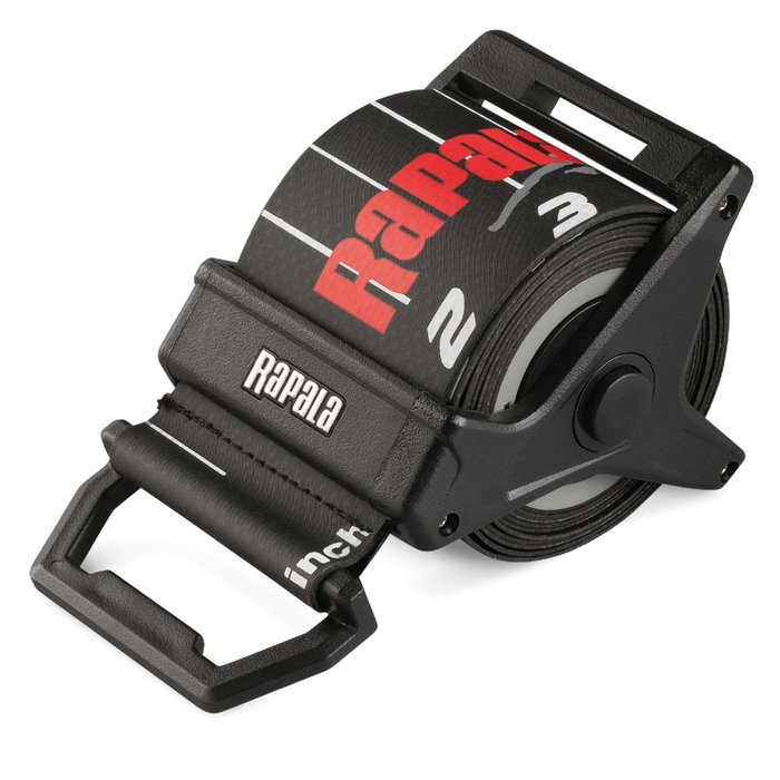 Rapala 60" Retractable Ruler featuring a durable black plastic casing and large, easy-to-read white and red markings, ideal for precise measurements in fishing tackle and gear.