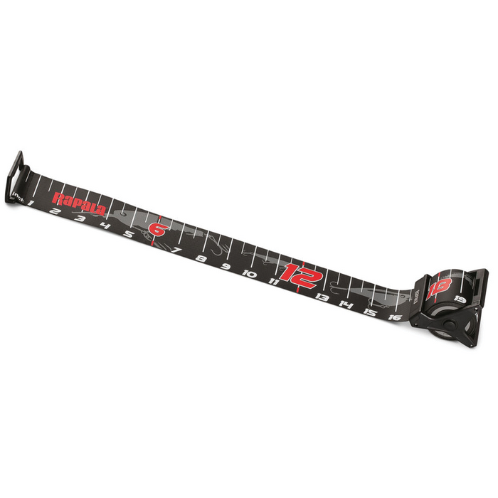 Rapala 60" Retractable Ruler extended to show clear white measurement markings on a black flexible tape with red numbering, designed for fishing tackle use.