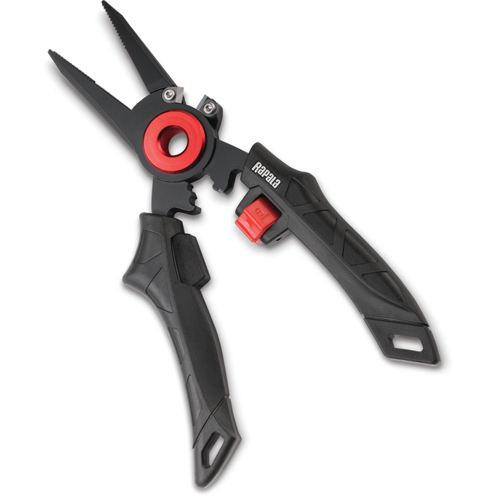 Rapala 7" Elite Pliers featuring black and red ergonomic handles, stainless steel jaws with a serrated gripping surface, designed for durable fishing tackle use.