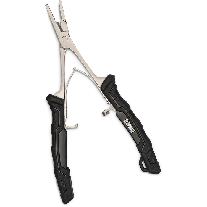 Rapala 7" Precision Forceps featuring stainless steel construction and ergonomic black handles, designed for precise grip and control in fishing tackle applications.