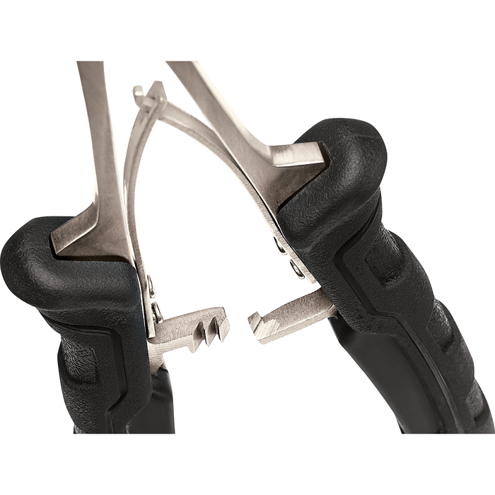 Close-up of Rapala 7" Precision Forceps showing textured black ergonomic handles and stainless steel tips designed for secure gripping and precise application in fishing tackle use.
