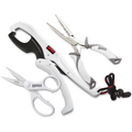 Set of three white and gray fishing tools including scissors, stainless steel needle-nose pliers with a lanyard, and a fish lip gripper, all part of the Rapala Anglers Combo.