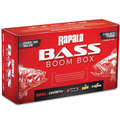 Red packaging box labeled Rapala Bass Boom Box featuring illustrations of bass fish and logos of fishing tackle brands, designed for bass fishing lure storage and organization.