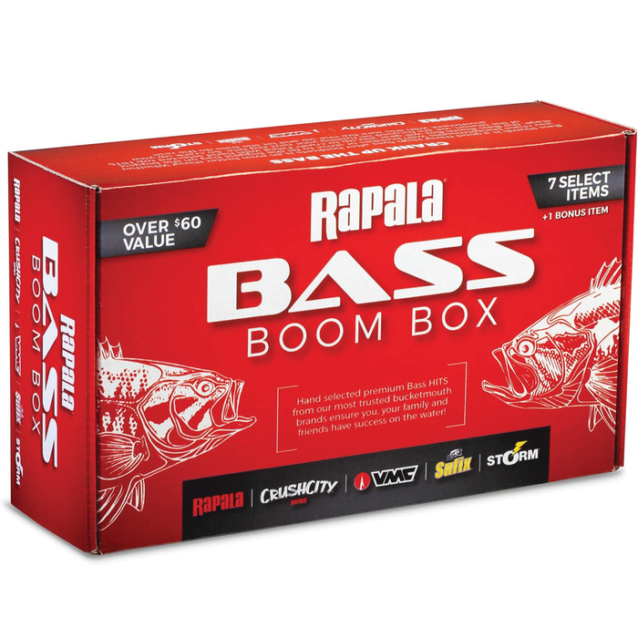 Red packaging box labeled Rapala Bass Boom Box featuring illustrations of bass fish and logos of fishing tackle brands, designed for bass fishing lure storage and organization.