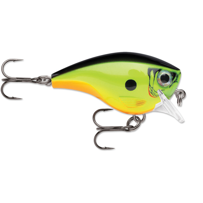 Rapala BX Brat fishing lure in bright green, yellow, and black with two sharp treble hooks and a clear plastic lip designed for fishing tackle use.