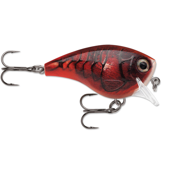 Rapala BX Brat fishing lure in red and black with detailed scale pattern, lifelike eye, two sharp treble hooks, and a clear diving lip for fishing tackle.