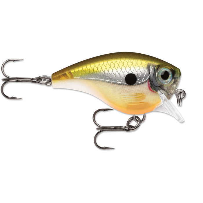 Rapala BX Brat fishing lure with a realistic gold and silver scale pattern, detailed eye design, two sharp treble hooks, and a small lip for diving action.