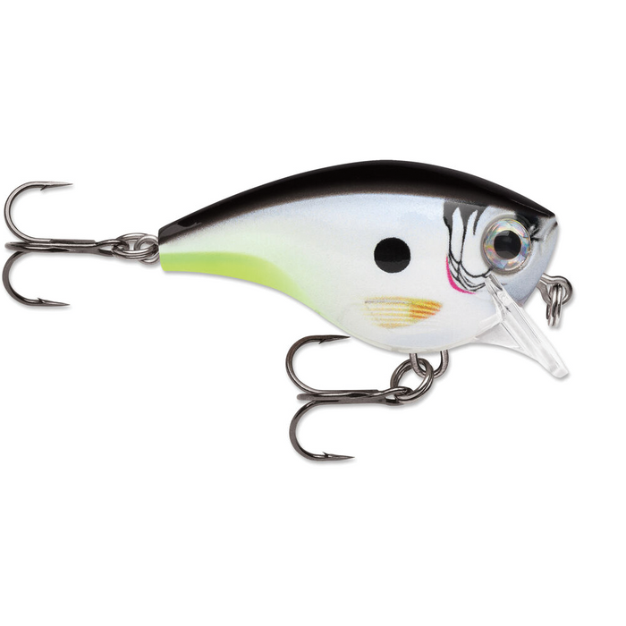 Rapala BX Brat fishing lure with a realistic fish pattern in black, white, and chartreuse colors, featuring two sharp treble hooks and a clear diving lip for effective fishing tackle use.