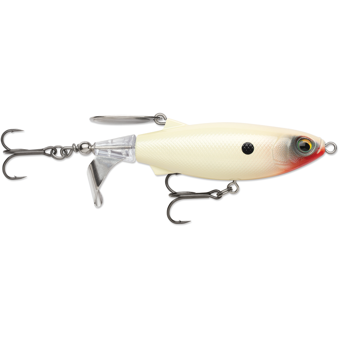 Rapala Claptail 110 fishing lure in white with red accents, featuring two treble hooks and a metal spinner blade for enhanced fishing tackle performance.
