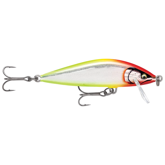 Rapala Countdown Elite fishing lure with a silver, green, and orange body, featuring two sharp treble hooks and a small diving lip for precise bait movement.